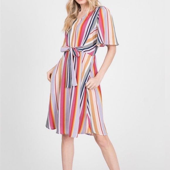 Hailey & Co. Retro Striped Tied Midi Multi-Striped Dress w/ Pockets, size Medium - Picture 2 of 9